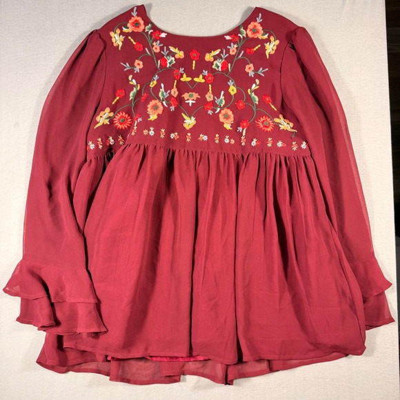 Altar'd State Tops - Altar'd State red Boho Floral Embroidered Babydoll Blouse Ruffle Sleeve Medium